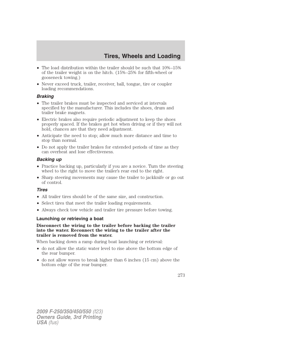 Braking, Backing up, Tires | Launching or retrieving a boat, Tires, wheels and loading | FORD 2009 F-550 v.3 User Manual | Page 273 / 419