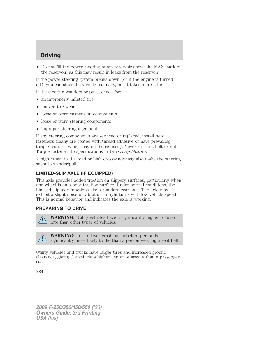 Limited-slip axle (if equipped), Preparing to drive, Driving | FORD 2009 F-550 v.3 User Manual | Page 284 / 419