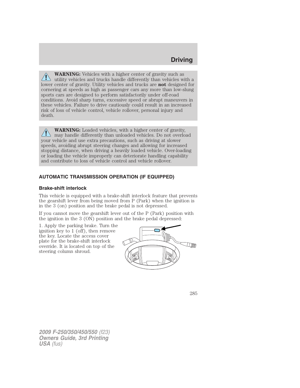 Automatic transmission operation (if equipped), Brake-shift interlock, Transmission operation | Driving | FORD 2009 F-550 v.3 User Manual | Page 285 / 419