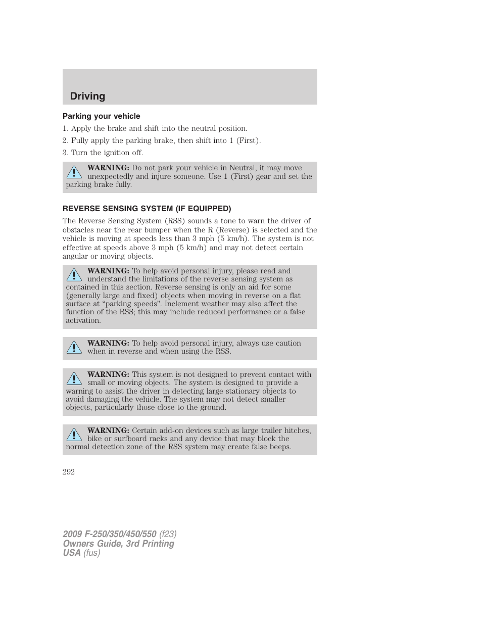 Parking your vehicle, Reverse sensing system (if equipped), Reverse sensing system | Driving | FORD 2009 F-550 v.3 User Manual | Page 292 / 419