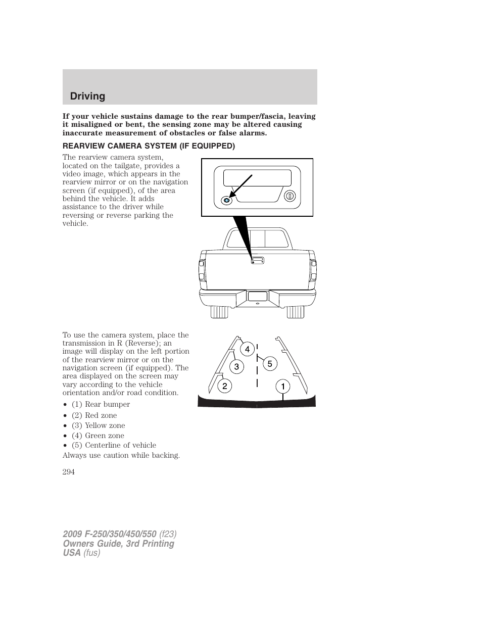 Rearview camera system (if equipped), Reverse camera, Driving | FORD 2009 F-550 v.3 User Manual | Page 294 / 419