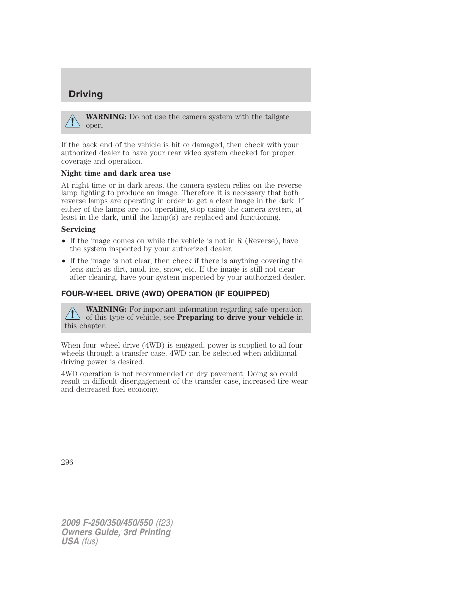 Four-wheel drive (4wd) operation (if equipped), Driving | FORD 2009 F-550 v.3 User Manual | Page 296 / 419