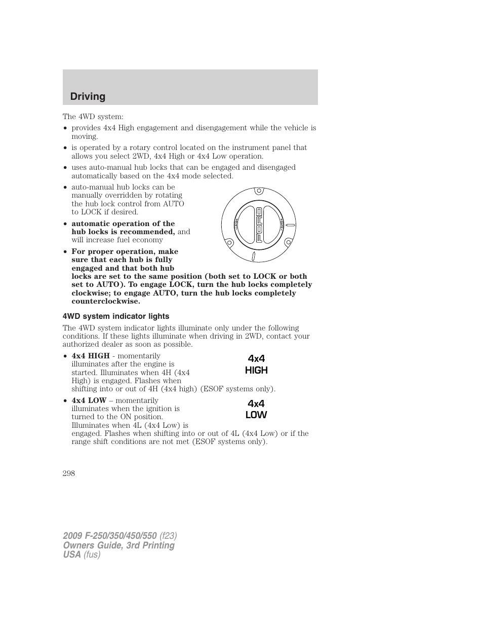 4wd system indicator lights, Driving | FORD 2009 F-550 v.3 User Manual | Page 298 / 419