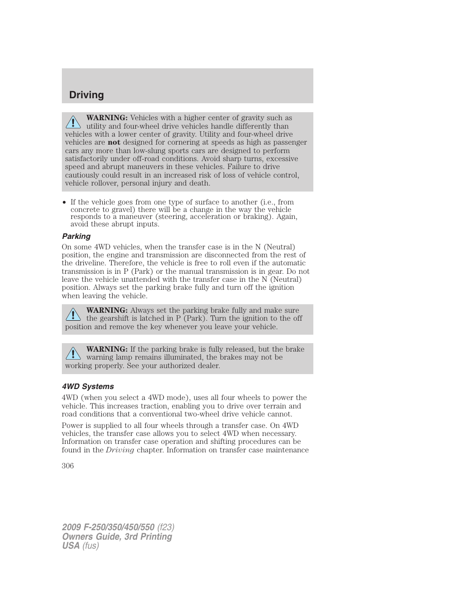 Parking, 4wd systems, Driving | FORD 2009 F-550 v.3 User Manual | Page 306 / 419