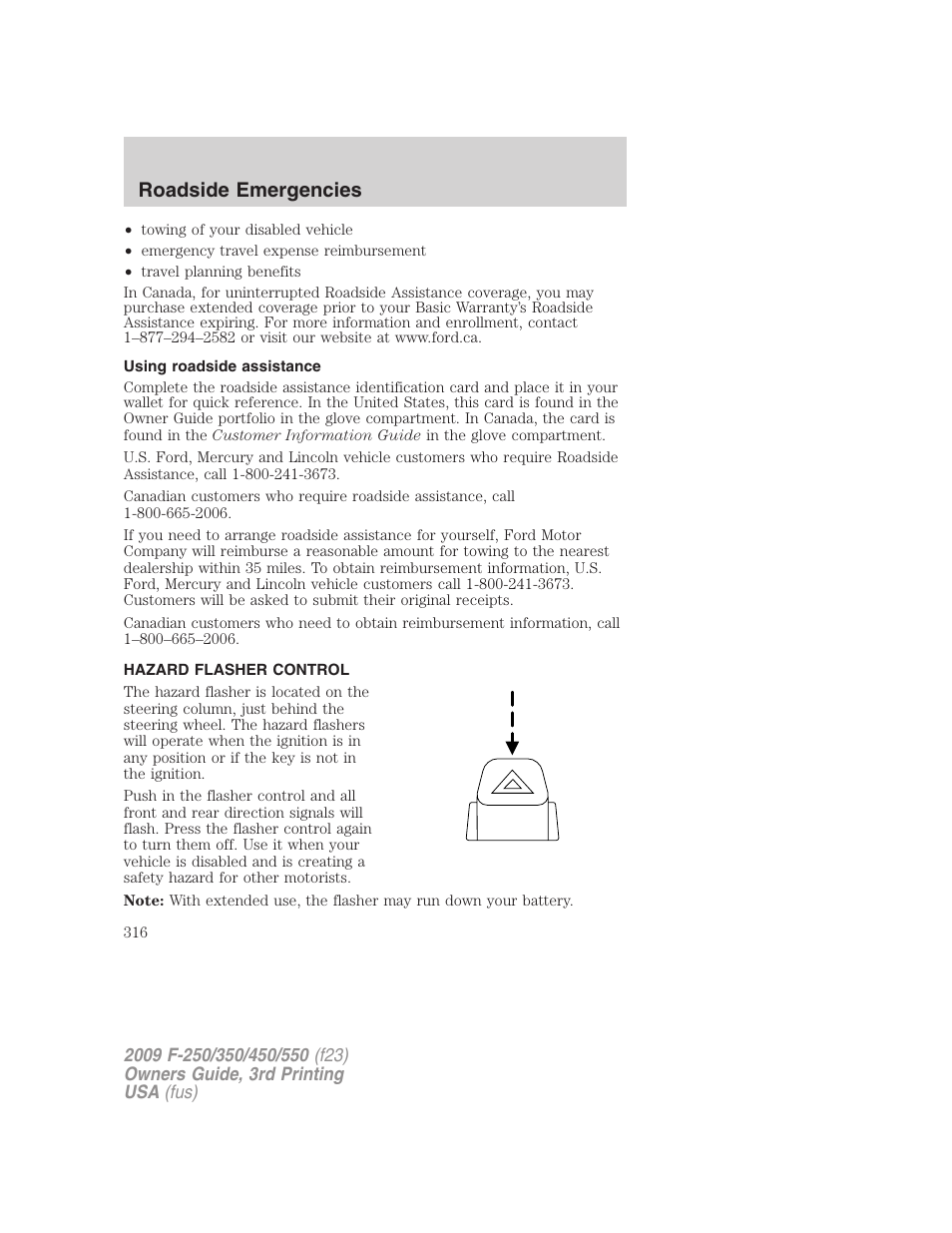 Using roadside assistance, Hazard flasher control, Roadside emergencies | FORD 2009 F-550 v.3 User Manual | Page 316 / 419