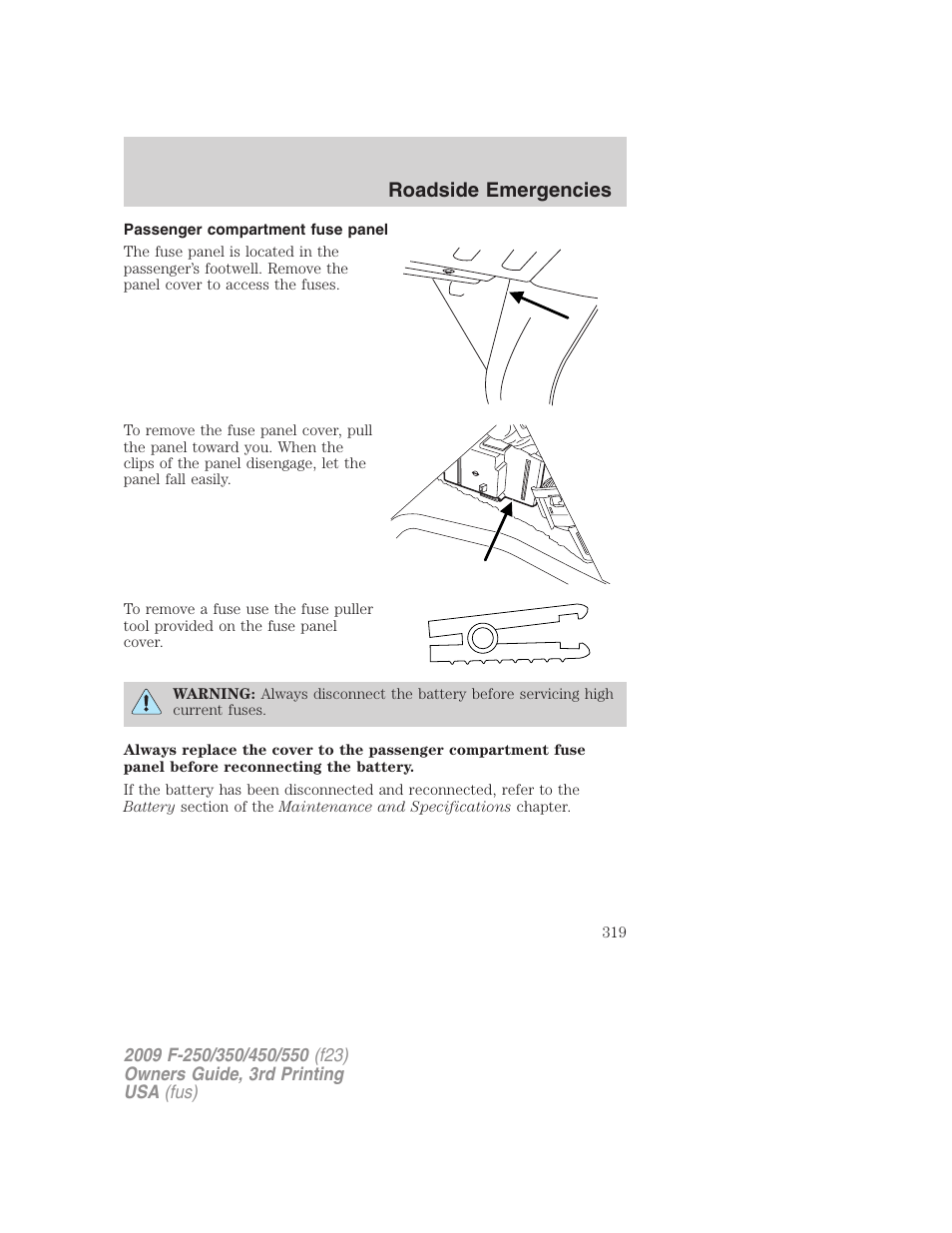 Passenger compartment fuse panel, Roadside emergencies | FORD 2009 F-550 v.3 User Manual | Page 319 / 419
