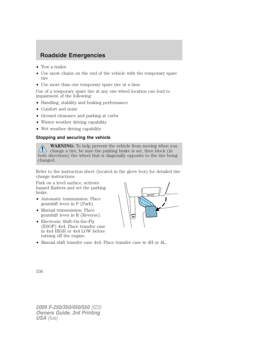 Stopping and securing the vehicle, Roadside emergencies | FORD 2009 F-550 v.3 User Manual | Page 330 / 419