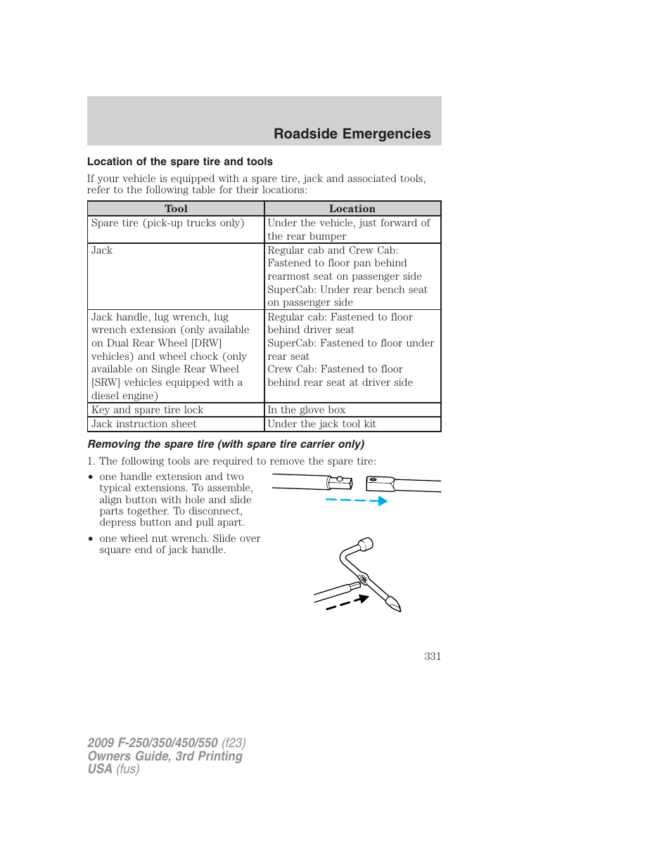Location of the spare tire and tools, Roadside emergencies | FORD 2009 F-550 v.3 User Manual | Page 331 / 419