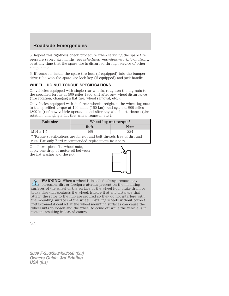 Wheel lug nut torque specifications, Wheel lug nut torque, Roadside emergencies | FORD 2009 F-550 v.3 User Manual | Page 342 / 419