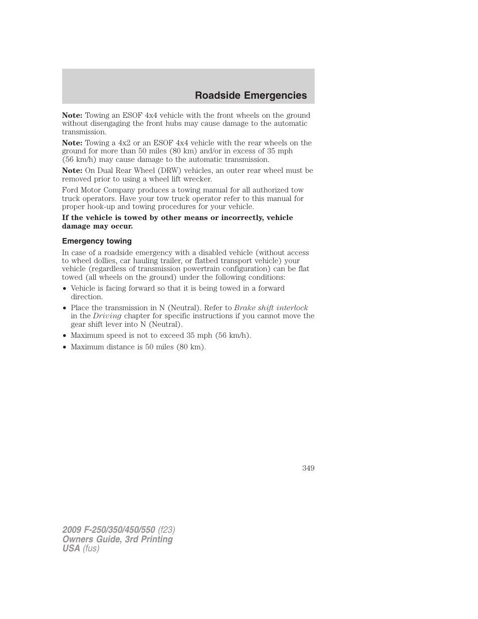 Emergency towing, Roadside emergencies | FORD 2009 F-550 v.3 User Manual | Page 349 / 419