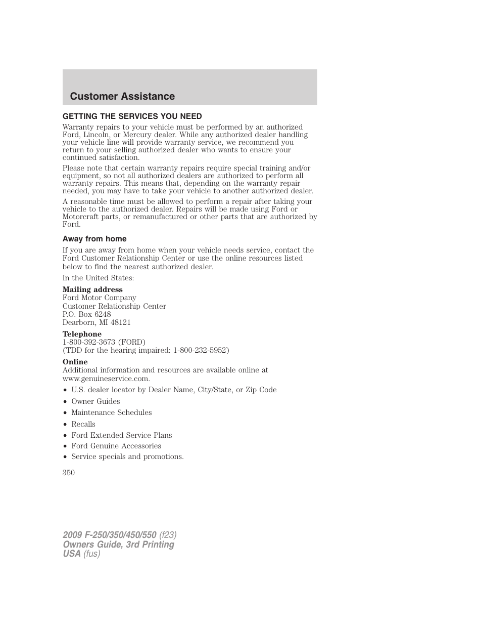 Customer assistance, Getting the services you need, Away from home | FORD 2009 F-550 v.3 User Manual | Page 350 / 419