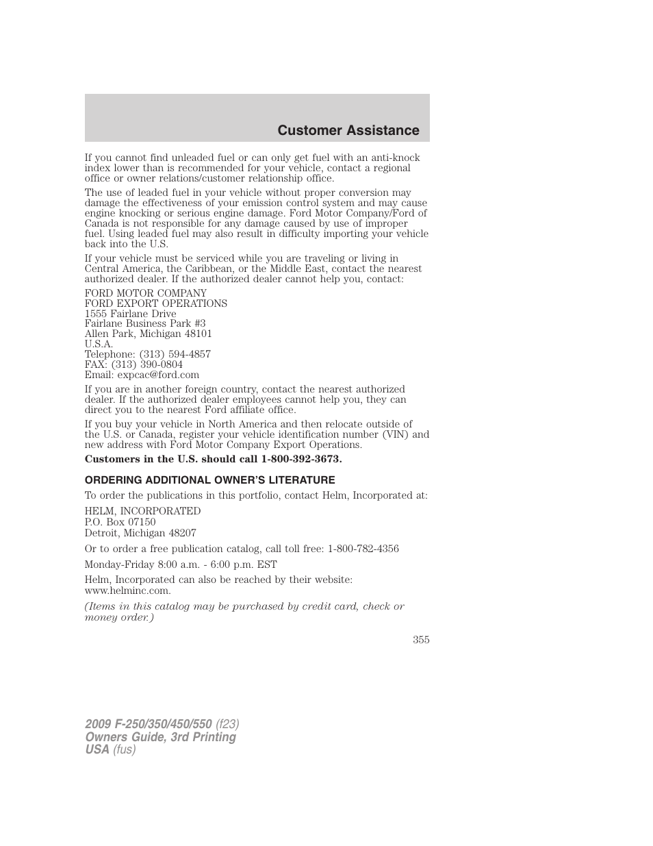 Ordering additional owner’s literature, Customer assistance | FORD 2009 F-550 v.3 User Manual | Page 355 / 419