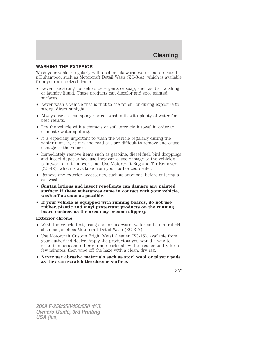 Cleaning, Washing the exterior | FORD 2009 F-550 v.3 User Manual | Page 357 / 419