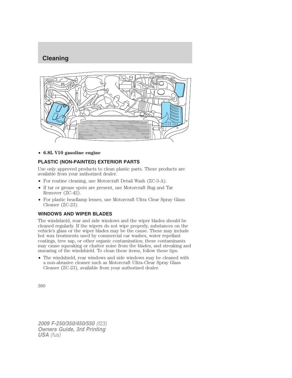 Plastic (non-painted) exterior parts, Windows and wiper blades, Cleaning | FORD 2009 F-550 v.3 User Manual | Page 360 / 419
