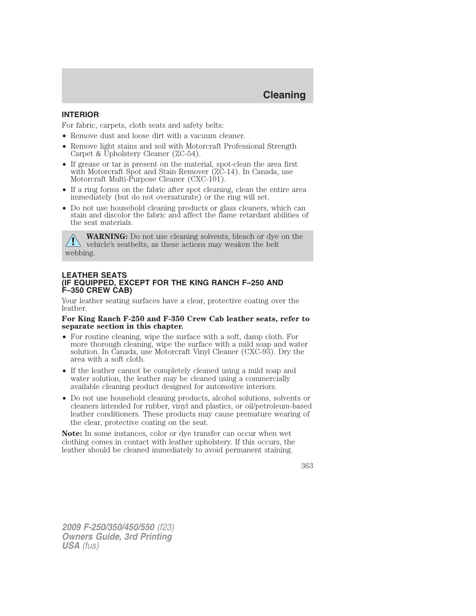 Interior, Cleaning | FORD 2009 F-550 v.3 User Manual | Page 363 / 419
