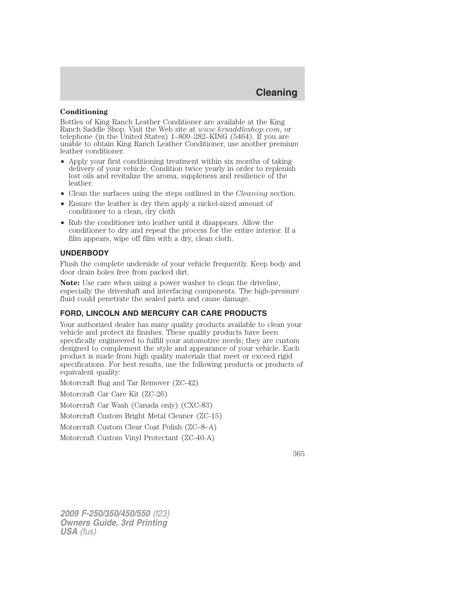 Underbody, Ford, lincoln and mercury car care products, Cleaning | FORD 2009 F-550 v.3 User Manual | Page 365 / 419