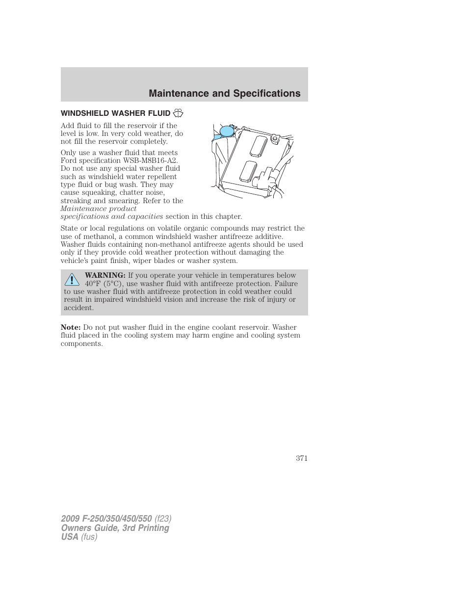 Windshield washer fluid, Maintenance and specifications | FORD 2009 F-550 v.3 User Manual | Page 371 / 419