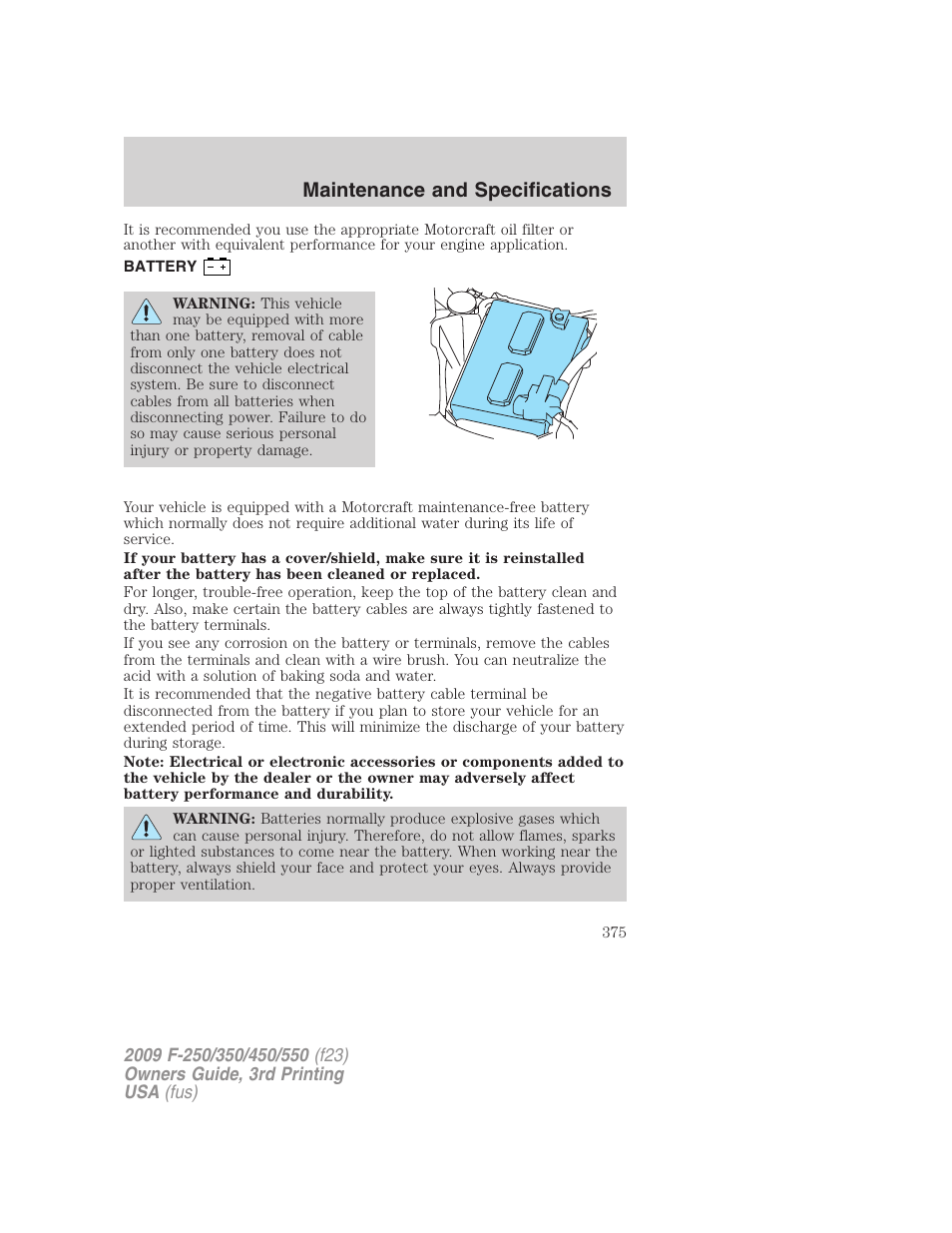 Battery, Maintenance and specifications | FORD 2009 F-550 v.3 User Manual | Page 375 / 419