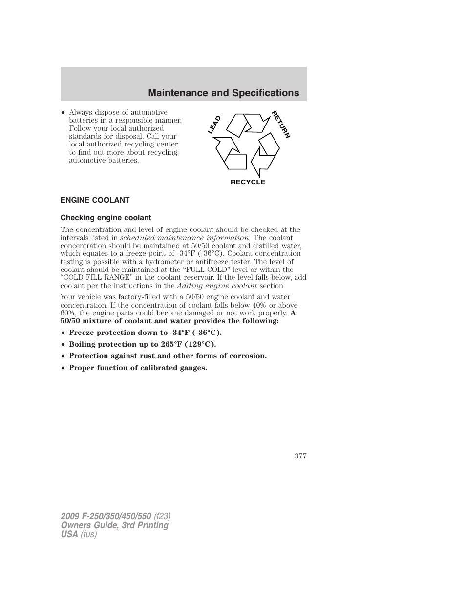 Engine coolant, Checking engine coolant, Maintenance and specifications | FORD 2009 F-550 v.3 User Manual | Page 377 / 419