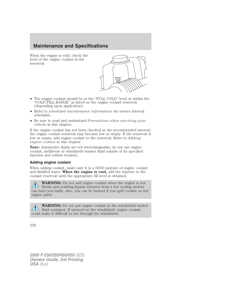 Adding engine coolant, Maintenance and specifications | FORD 2009 F-550 v.3 User Manual | Page 378 / 419