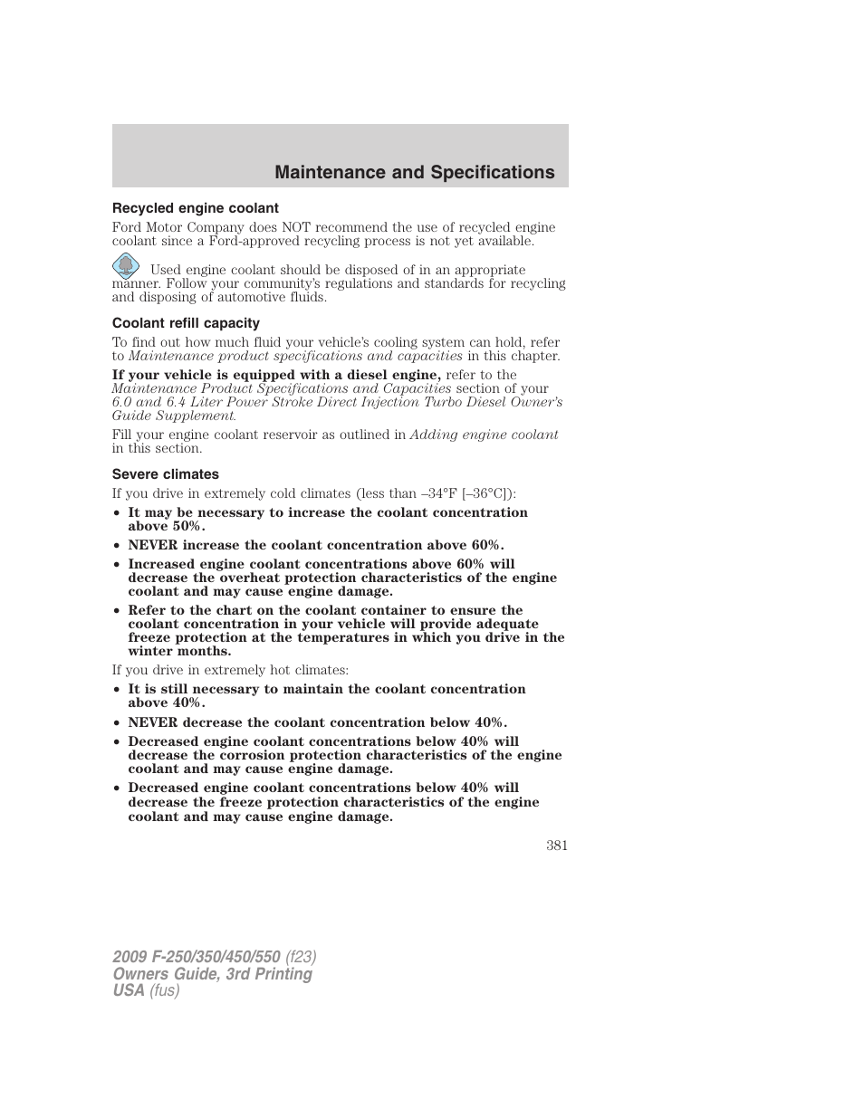 Recycled engine coolant, Coolant refill capacity, Severe climates | Maintenance and specifications | FORD 2009 F-550 v.3 User Manual | Page 381 / 419
