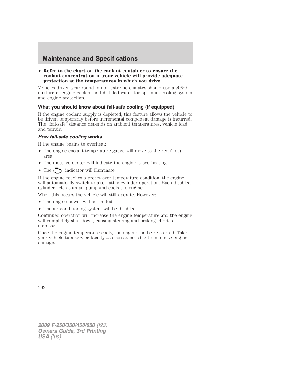How fail-safe cooling works, Maintenance and specifications | FORD 2009 F-550 v.3 User Manual | Page 382 / 419