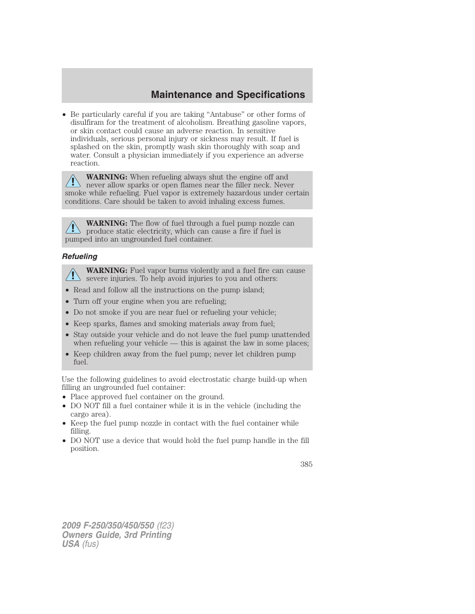 Refueling, Maintenance and specifications | FORD 2009 F-550 v.3 User Manual | Page 385 / 419