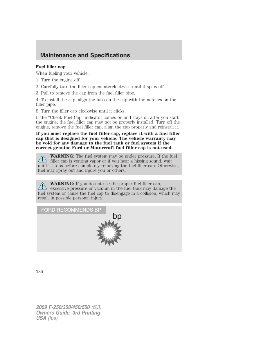 Fuel filler cap, Maintenance and specifications | FORD 2009 F-550 v.3 User Manual | Page 386 / 419