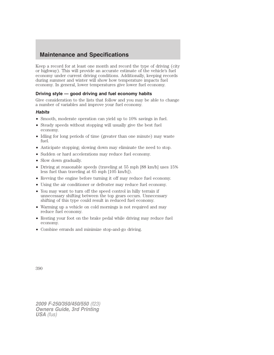 Habits, Maintenance and specifications | FORD 2009 F-550 v.3 User Manual | Page 390 / 419