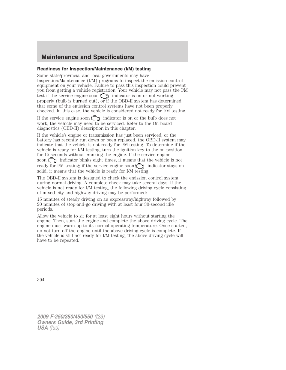 Readiness for inspection/maintenance (i/m) testing, Maintenance and specifications | FORD 2009 F-550 v.3 User Manual | Page 394 / 419