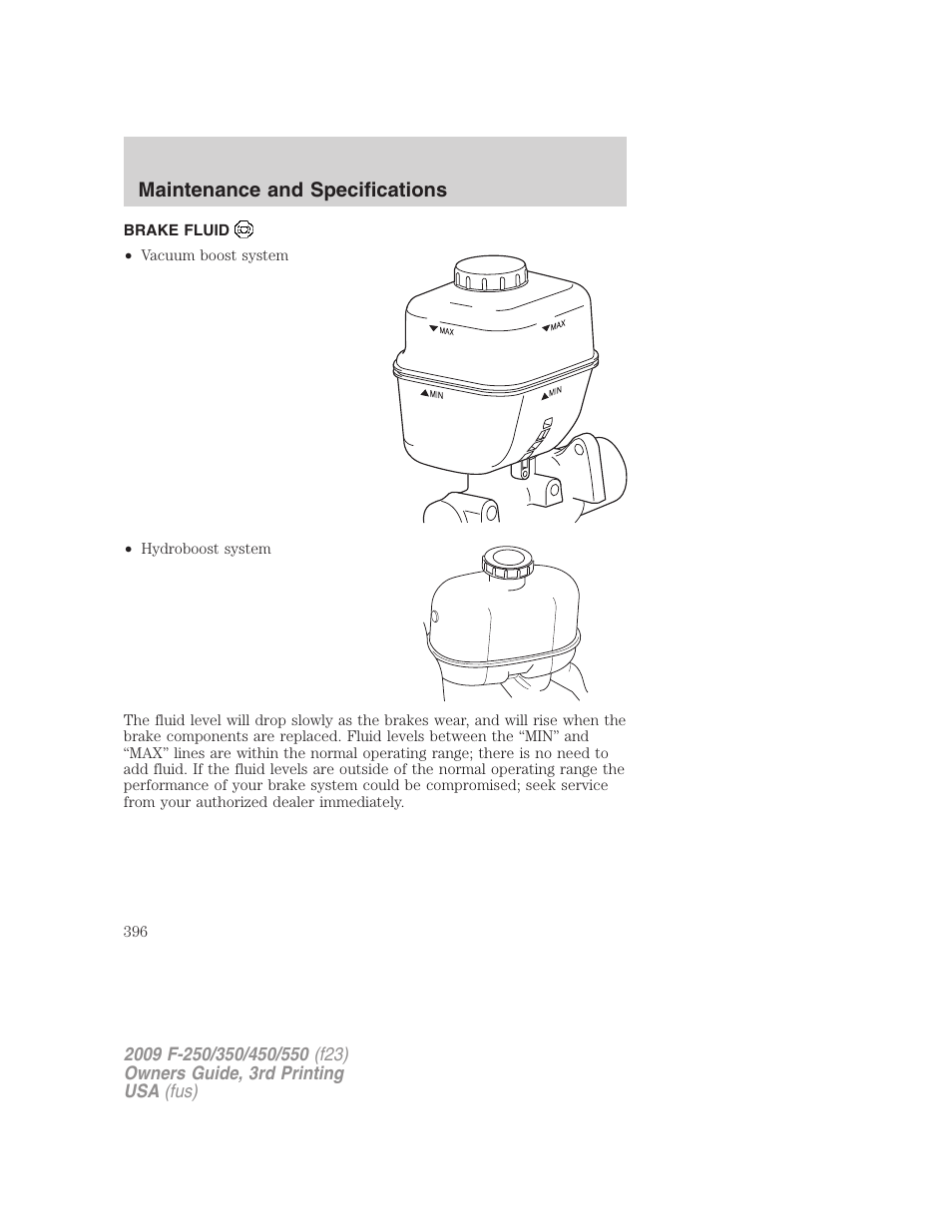 Brake fluid, Maintenance and specifications | FORD 2009 F-550 v.3 User Manual | Page 396 / 419