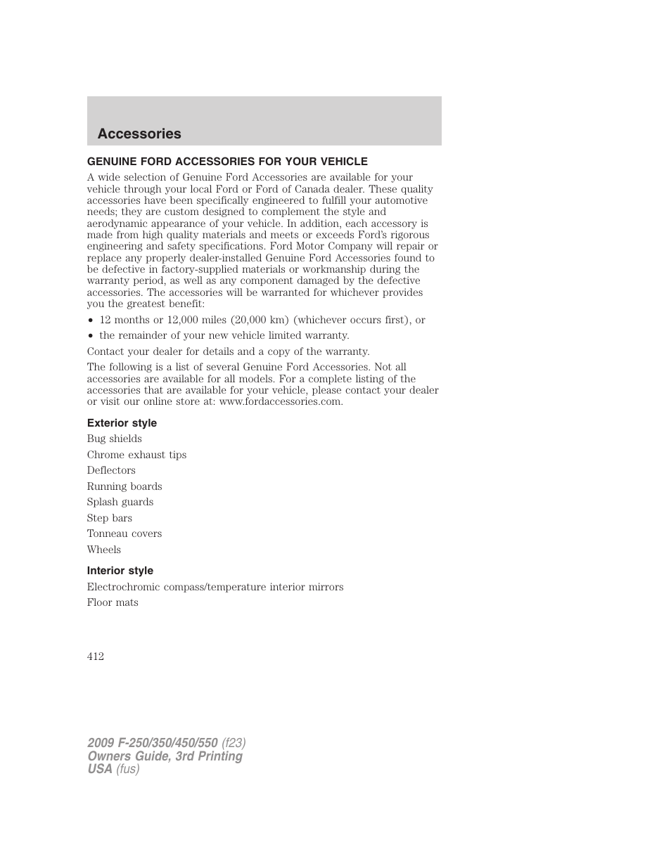 Accessories, Genuine ford accessories for your vehicle, Exterior style | Interior style | FORD 2009 F-550 v.3 User Manual | Page 412 / 419