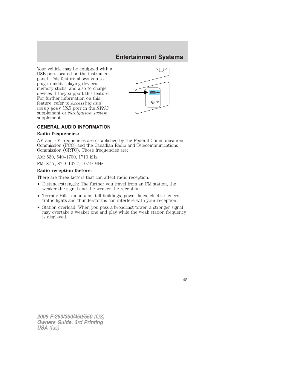 General audio information, Entertainment systems | FORD 2009 F-550 v.3 User Manual | Page 45 / 419