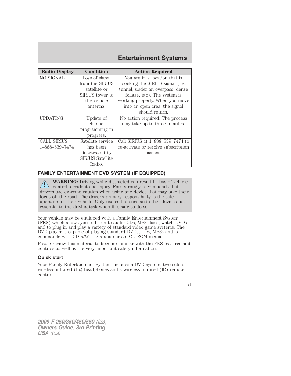 Family entertainment dvd system (if equipped), Quick start, Family entertainment system | Entertainment systems | FORD 2009 F-550 v.3 User Manual | Page 51 / 419