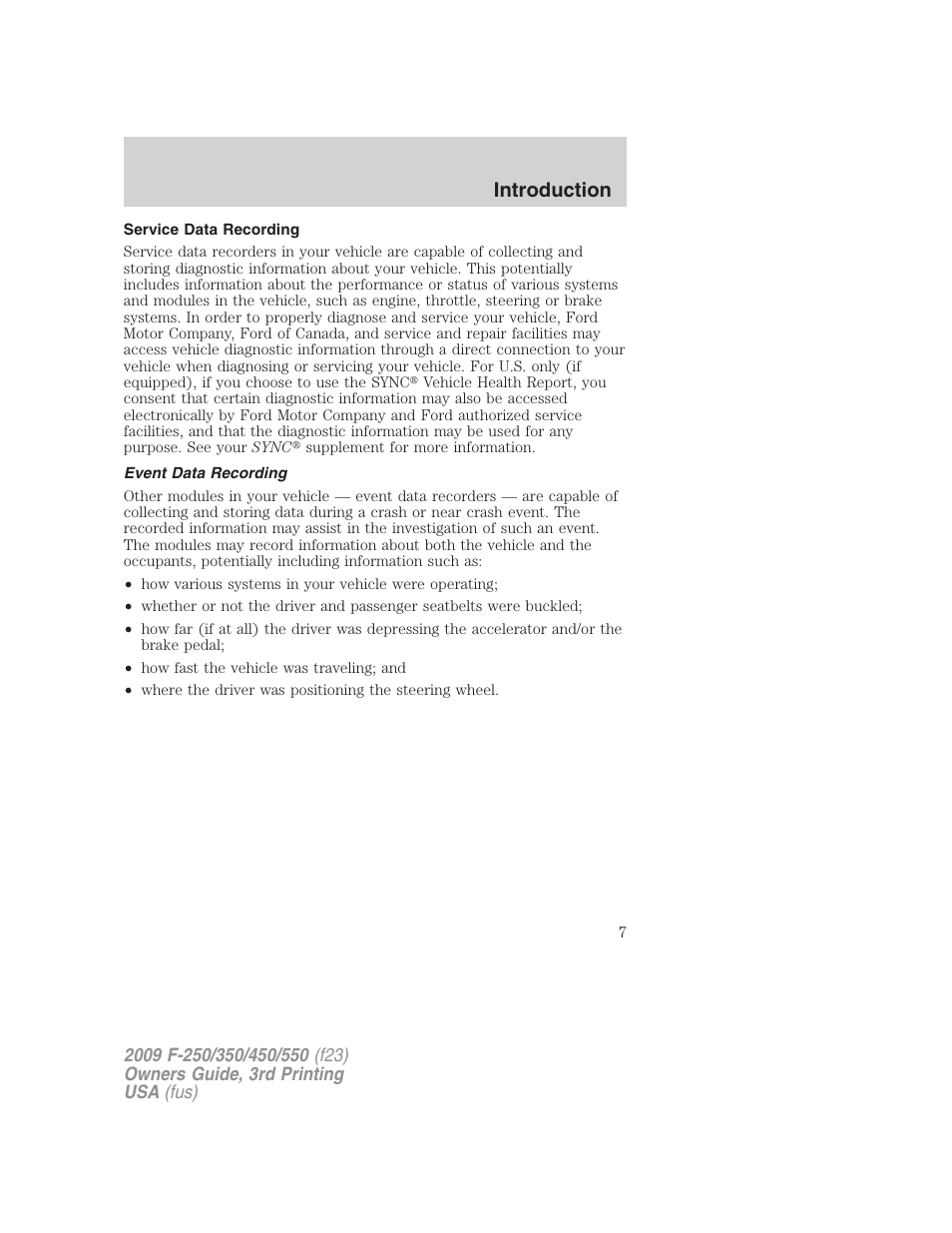 Service data recording, Event data recording, Introduction | FORD 2009 F-550 v.3 User Manual | Page 7 / 419