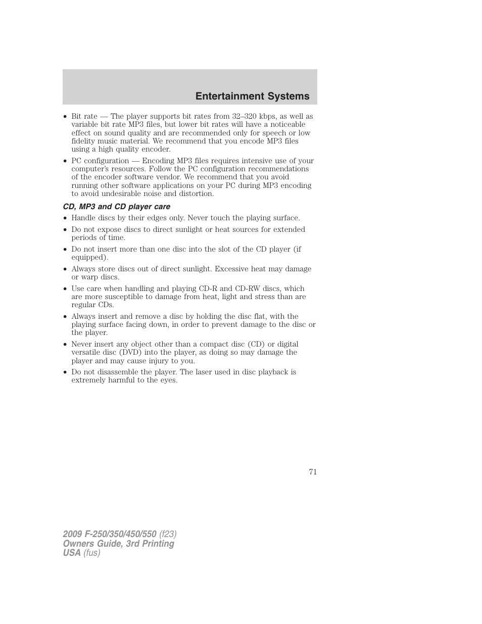 Cd, mp3 and cd player care, Entertainment systems | FORD 2009 F-550 v.3 User Manual | Page 71 / 419
