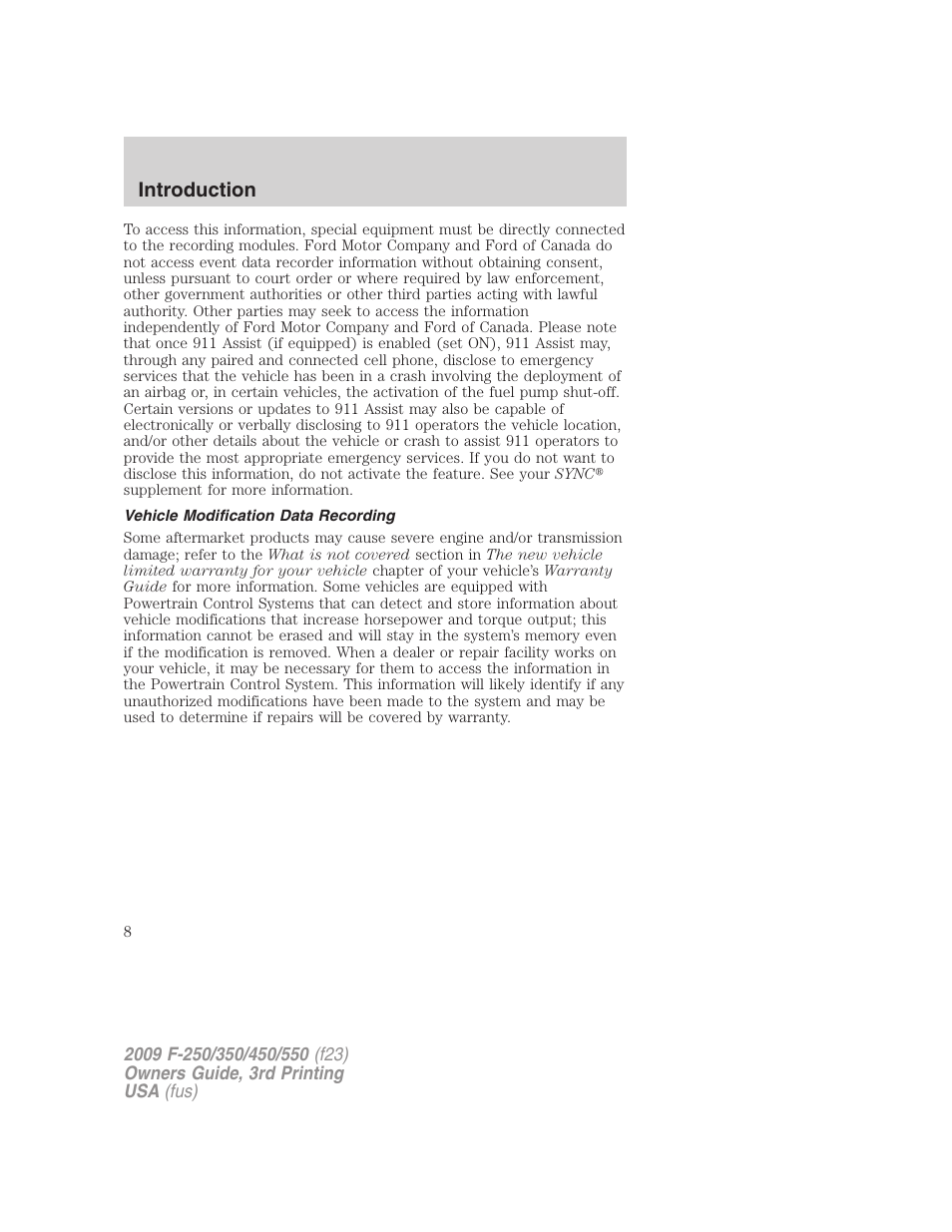 Vehicle modification data recording, Introduction | FORD 2009 F-550 v.3 User Manual | Page 8 / 419