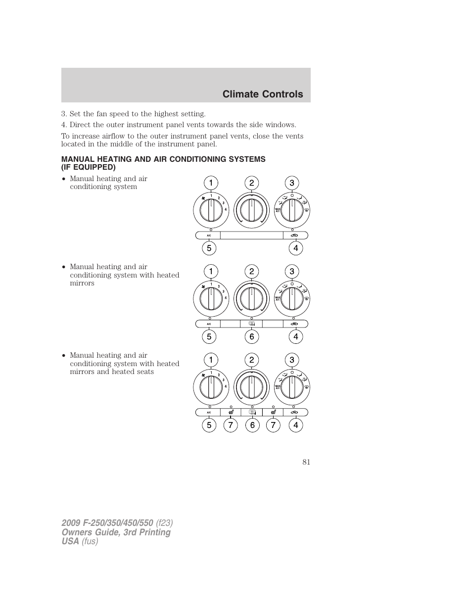 Manual heating and air conditioning, Climate controls | FORD 2009 F-550 v.3 User Manual | Page 81 / 419