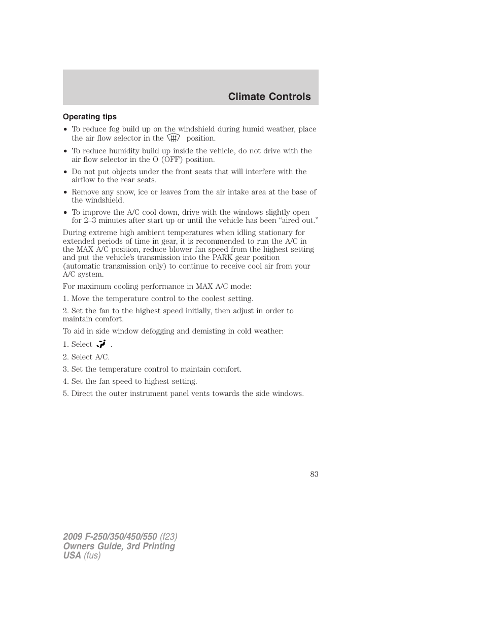 Operating tips, Climate controls | FORD 2009 F-550 v.3 User Manual | Page 83 / 419