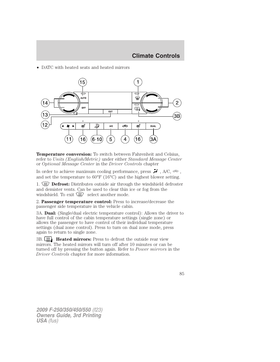 Climate controls | FORD 2009 F-550 v.3 User Manual | Page 85 / 419