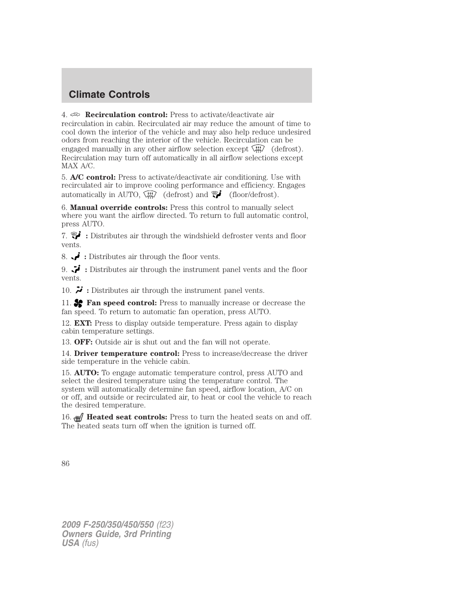 Climate controls | FORD 2009 F-550 v.3 User Manual | Page 86 / 419