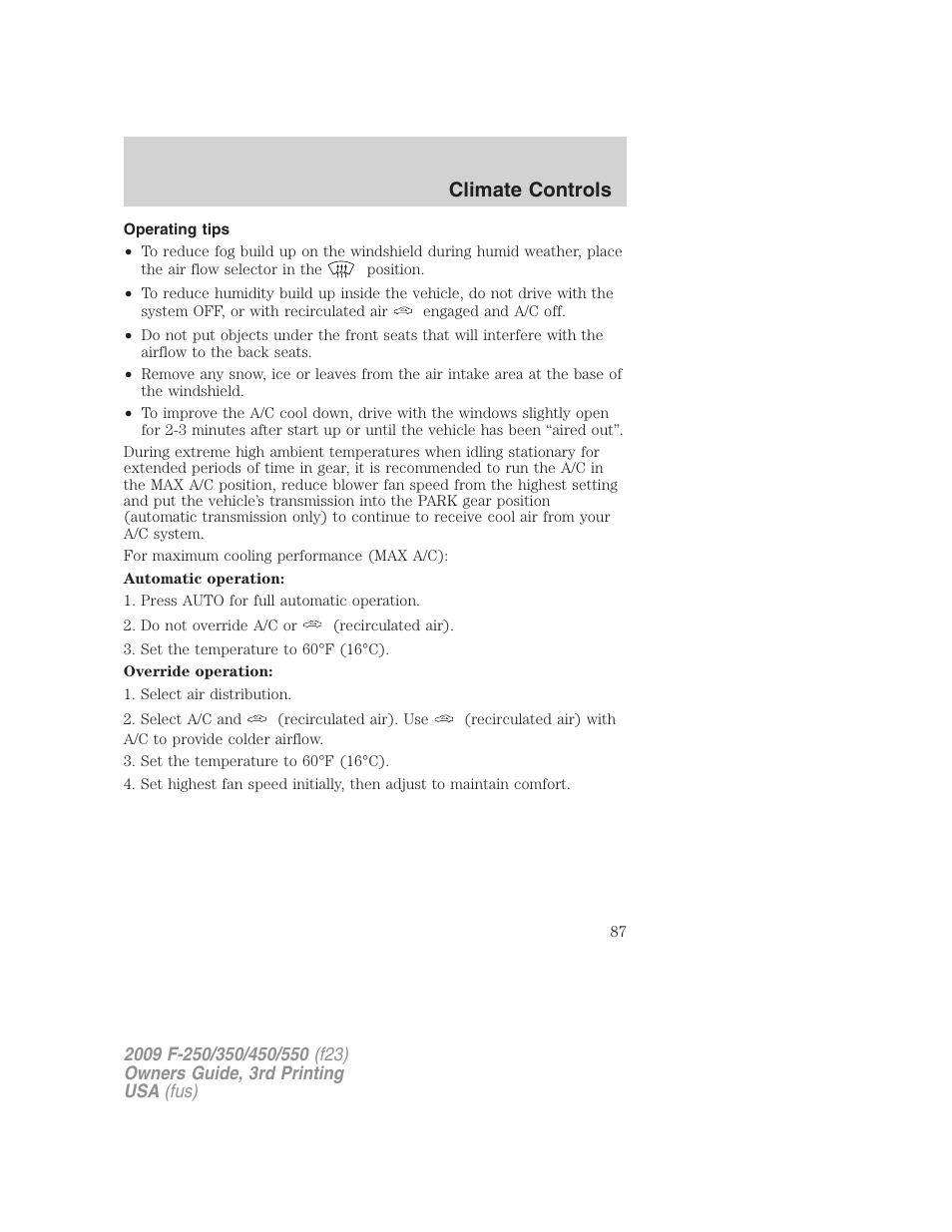 Operating tips, Climate controls | FORD 2009 F-550 v.3 User Manual | Page 87 / 419