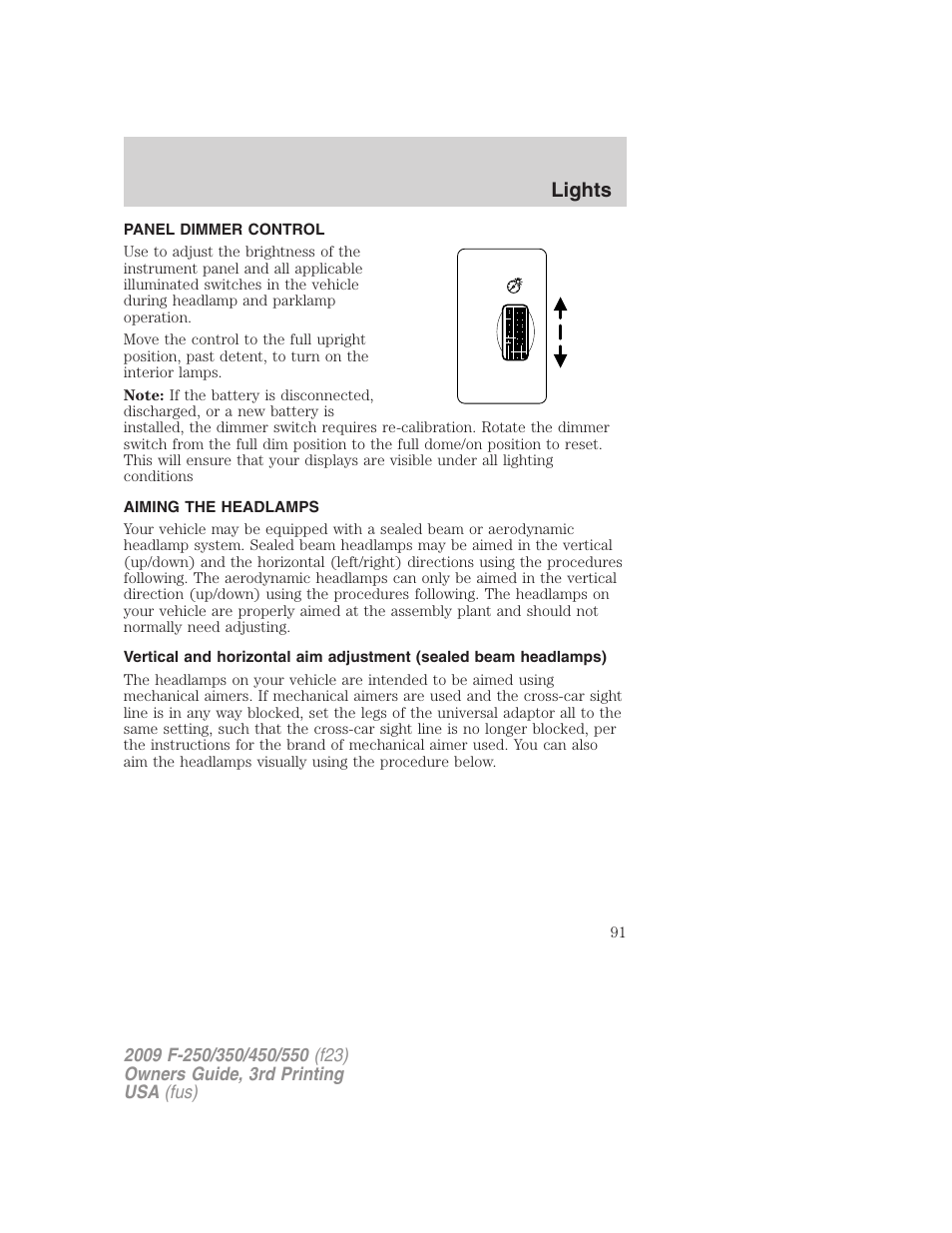 Panel dimmer control, Aiming the headlamps, Lights | FORD 2009 F-550 v.3 User Manual | Page 91 / 419