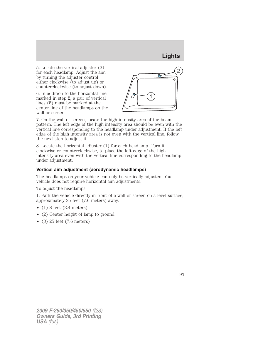 Vertical aim adjustment (aerodynamic headlamps), Lights | FORD 2009 F-550 v.3 User Manual | Page 93 / 419