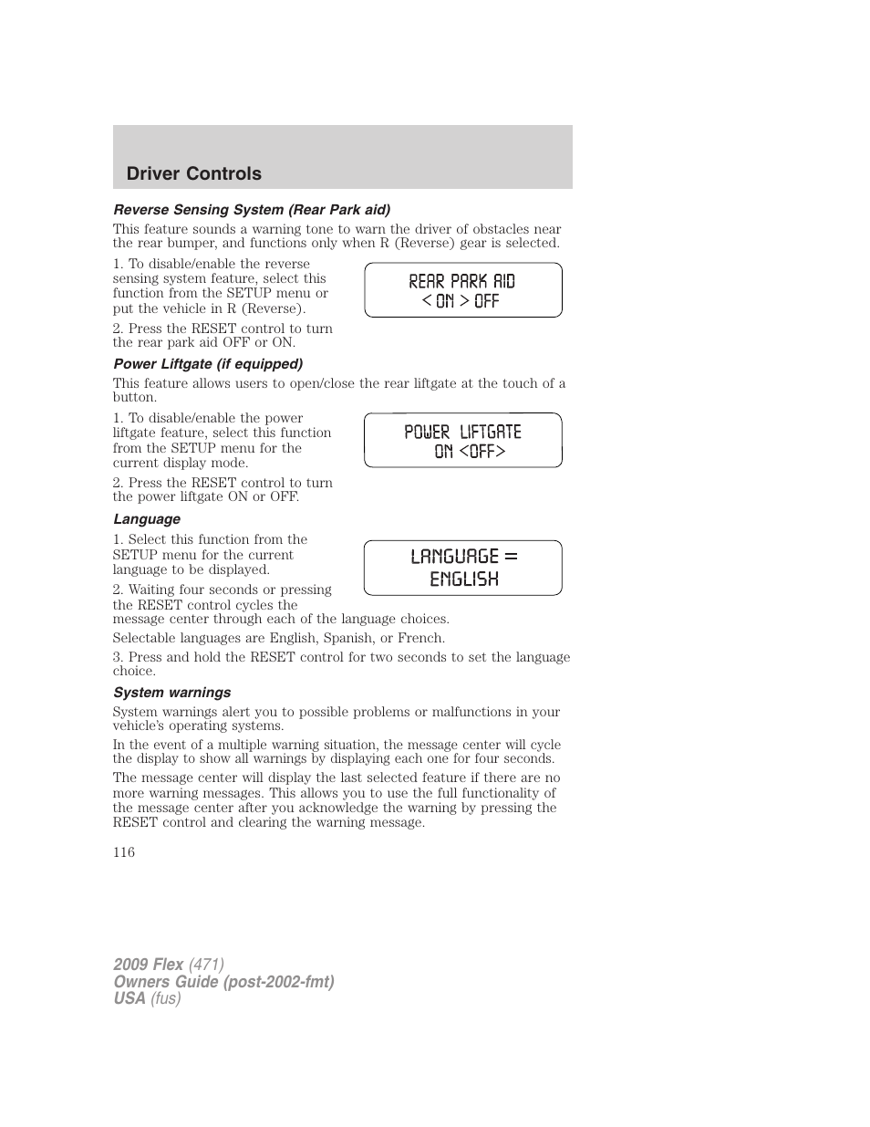 Reverse sensing system (rear park aid), Power liftgate (if equipped), Language | System warnings, Driver controls | FORD 2009 Flex v.1 User Manual | Page 116 / 374