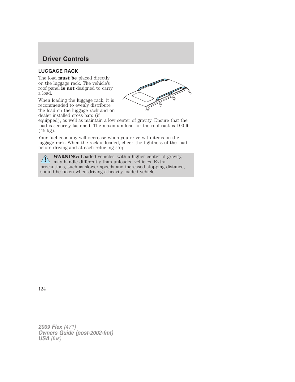 Luggage rack, Driver controls | FORD 2009 Flex v.1 User Manual | Page 124 / 374