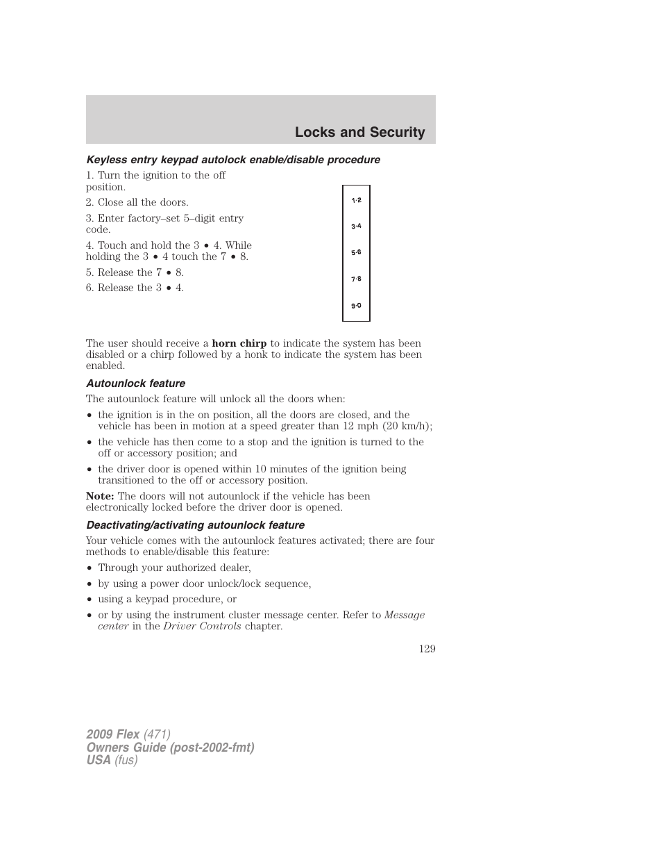 Autounlock feature, Deactivating/activating autounlock feature, Locks and security | FORD 2009 Flex v.1 User Manual | Page 129 / 374