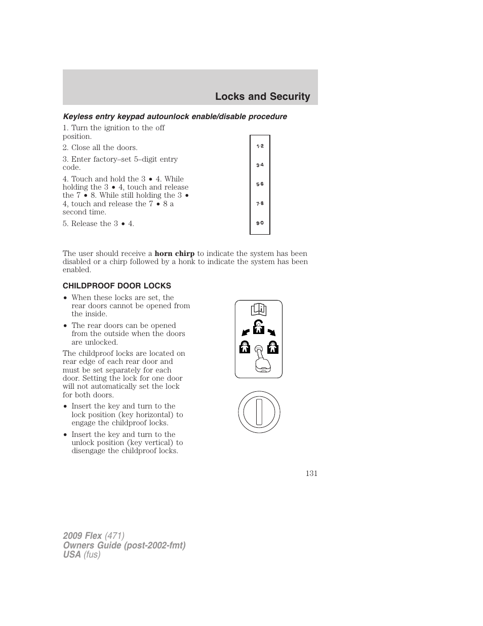 Childproof door locks, Locks and security | FORD 2009 Flex v.1 User Manual | Page 131 / 374