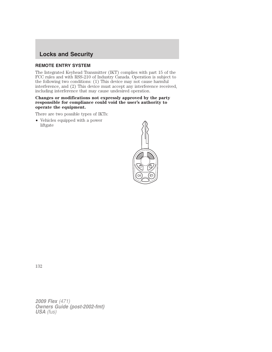 Remote entry system, Locks and security | FORD 2009 Flex v.1 User Manual | Page 132 / 374