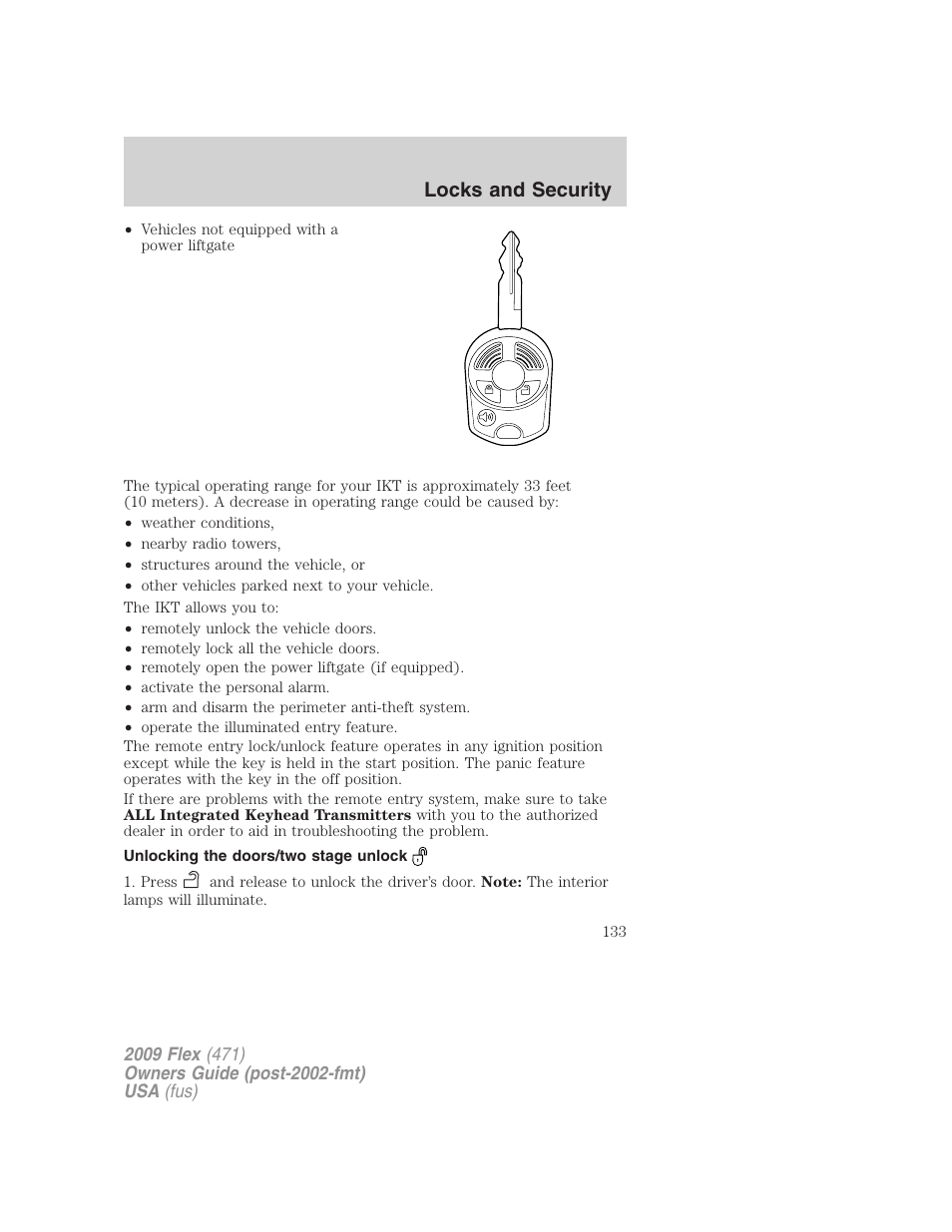 Unlocking the doors/two stage unlock, Locks and security | FORD 2009 Flex v.1 User Manual | Page 133 / 374